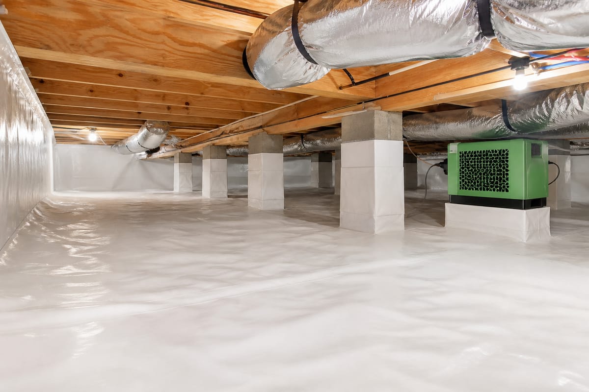 Clean crawl space with a fresh vapor barrier installed under a home