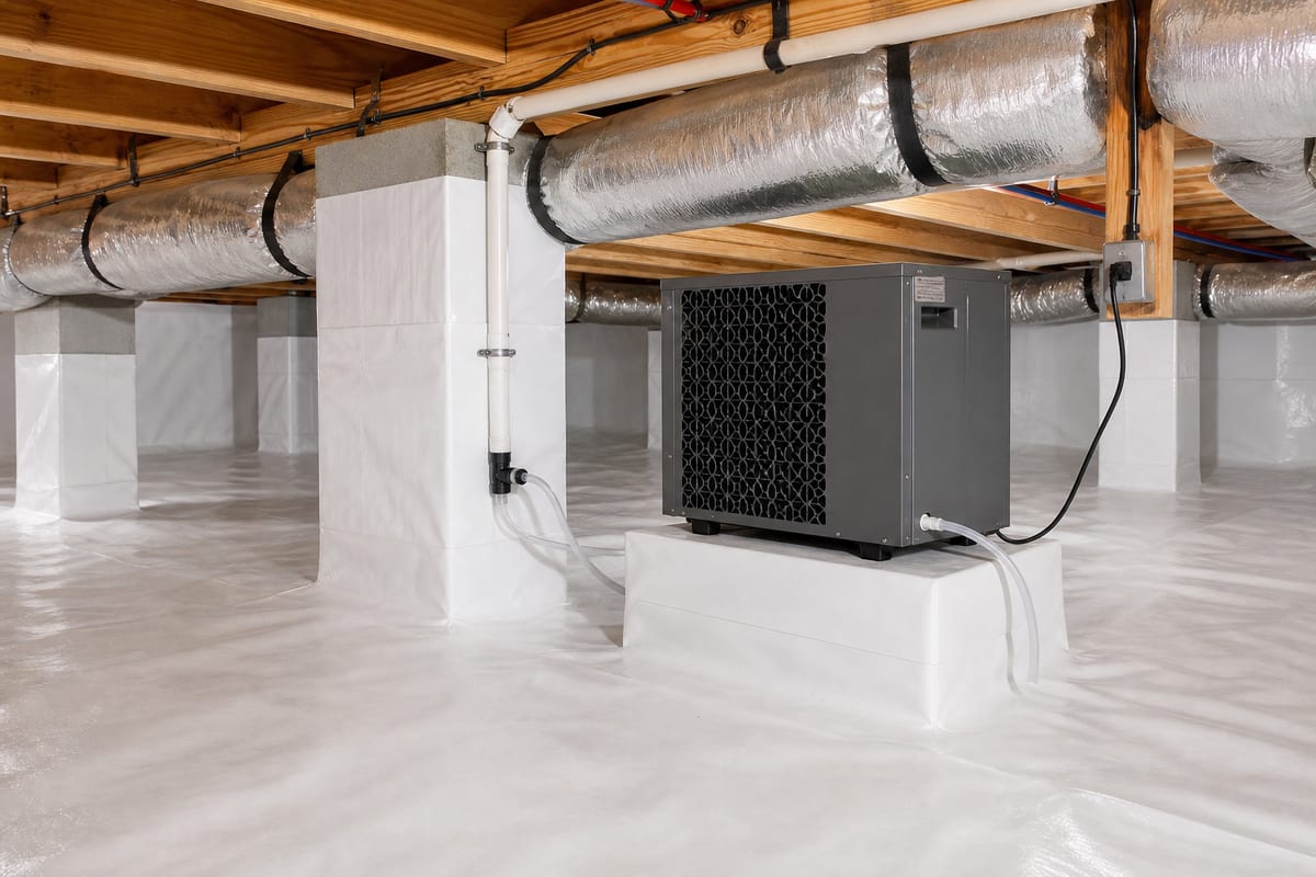 Crawl space dehumidifier installation with drain line in sealed McDonough GA crawl space