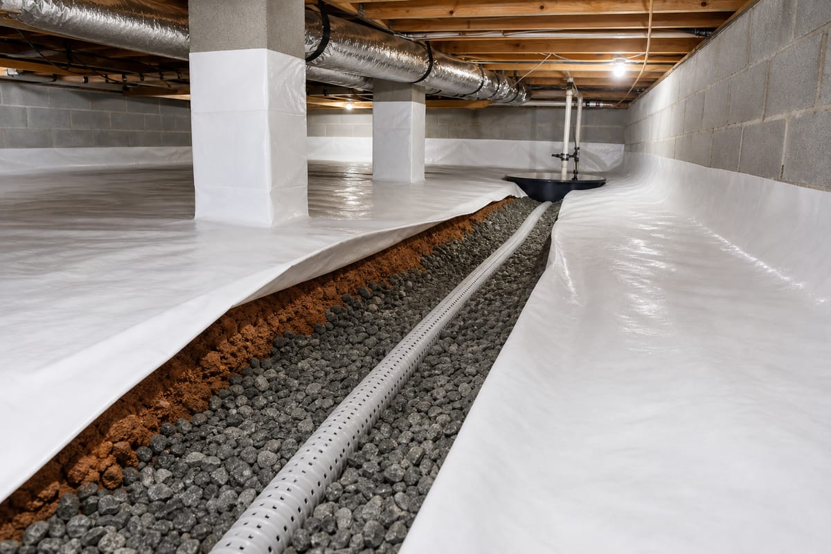 Crawl space drainage system with gravel trench and perforated pipe in McDonough GA