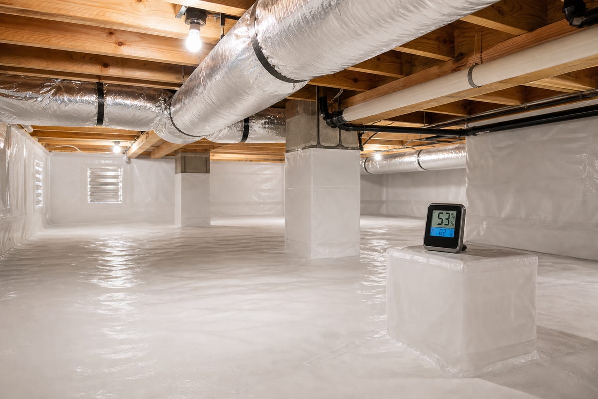 Crawl space moisture control with sealed liner and humidity monitor in McDonough GA