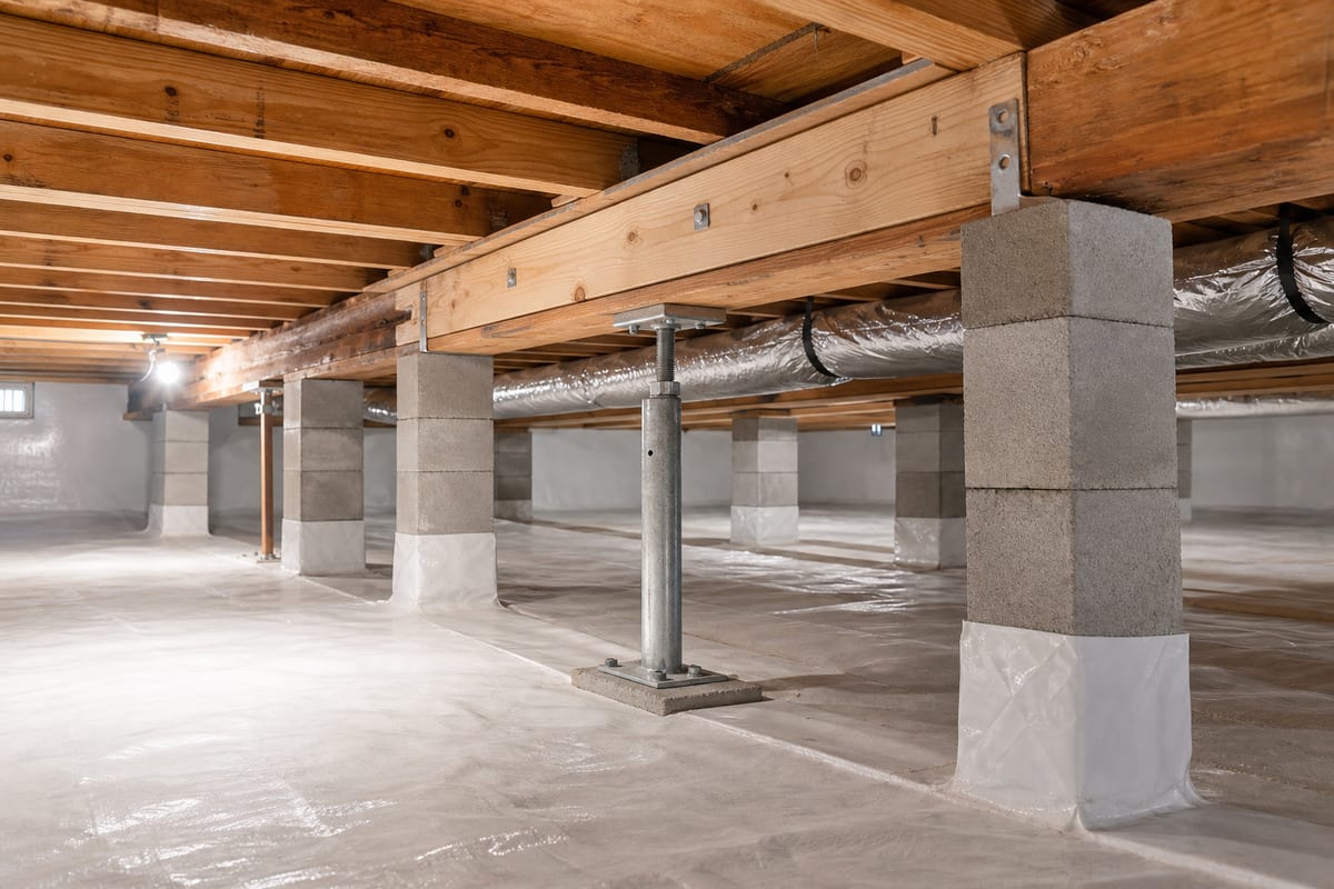 Crawl space repair support jack and reinforced floor joist in McDonough GA home