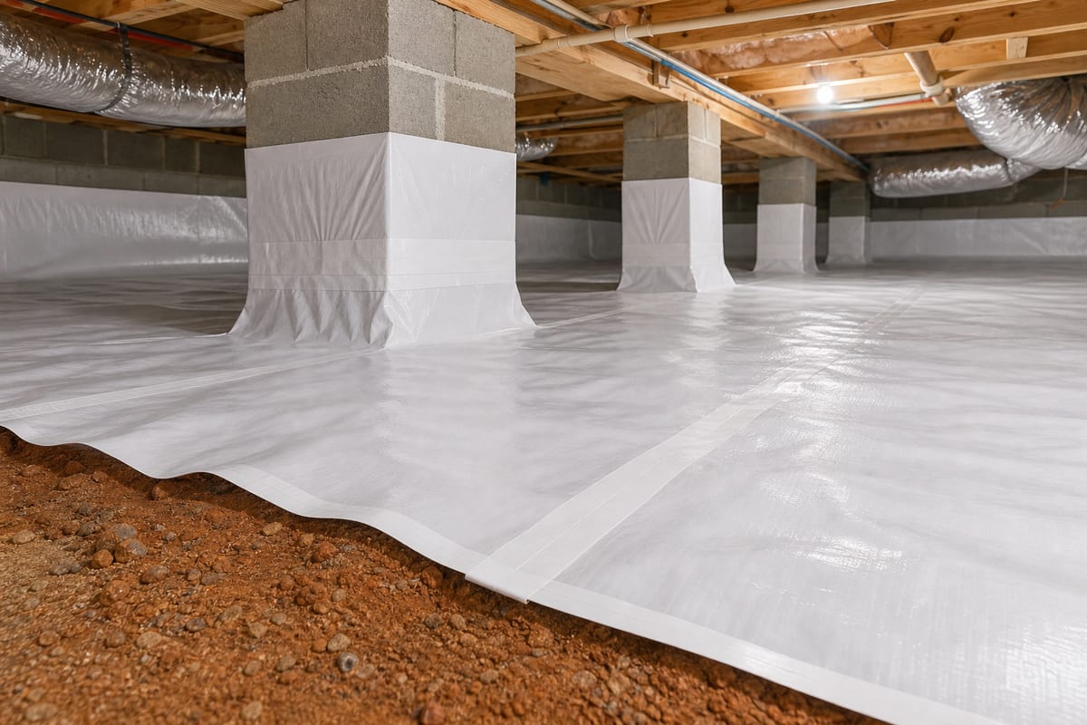 New crawl space vapor barrier installation over Georgia red clay in McDonough GA
