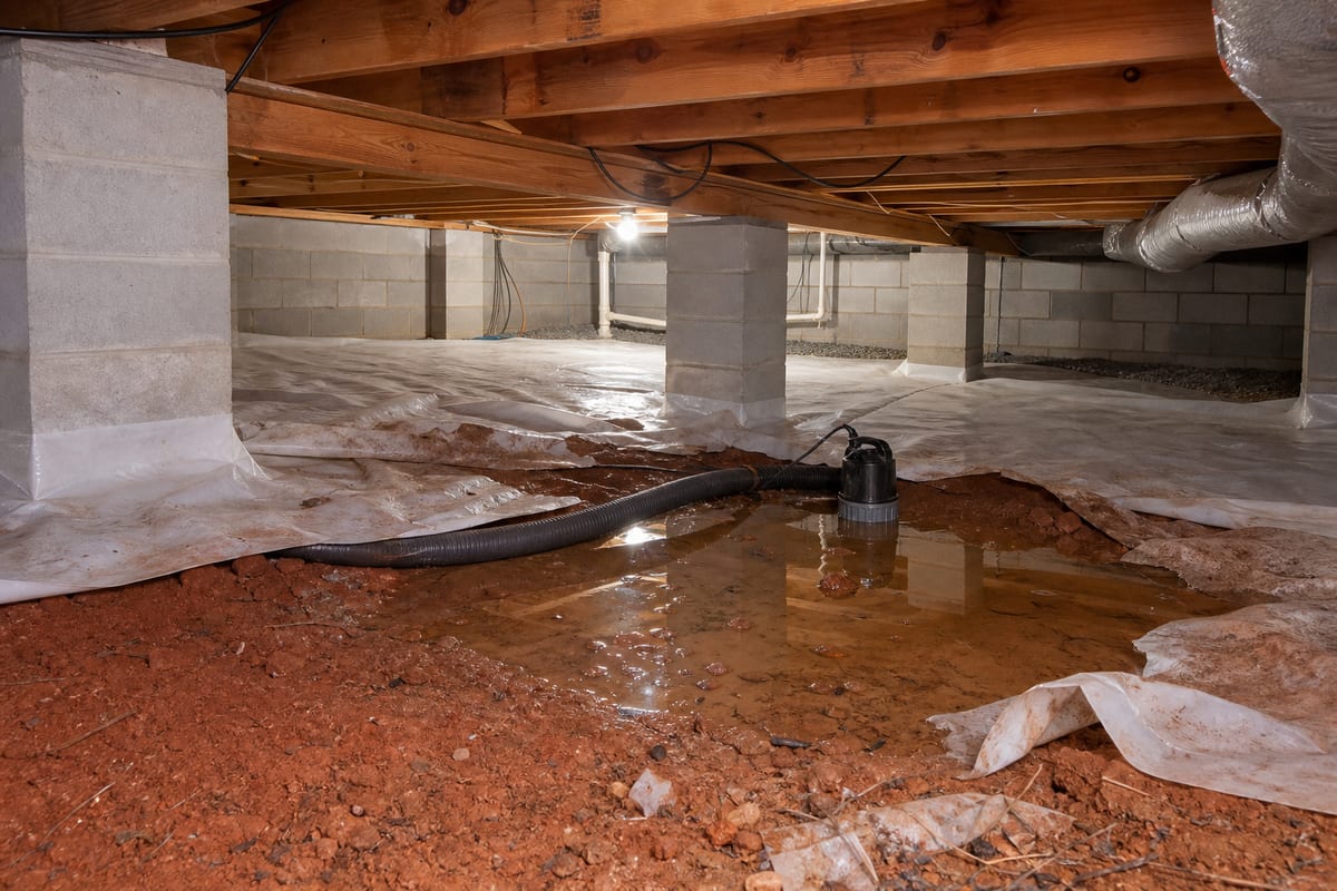 Wet crawl space repair with standing water and pump hose under McDonough GA home
